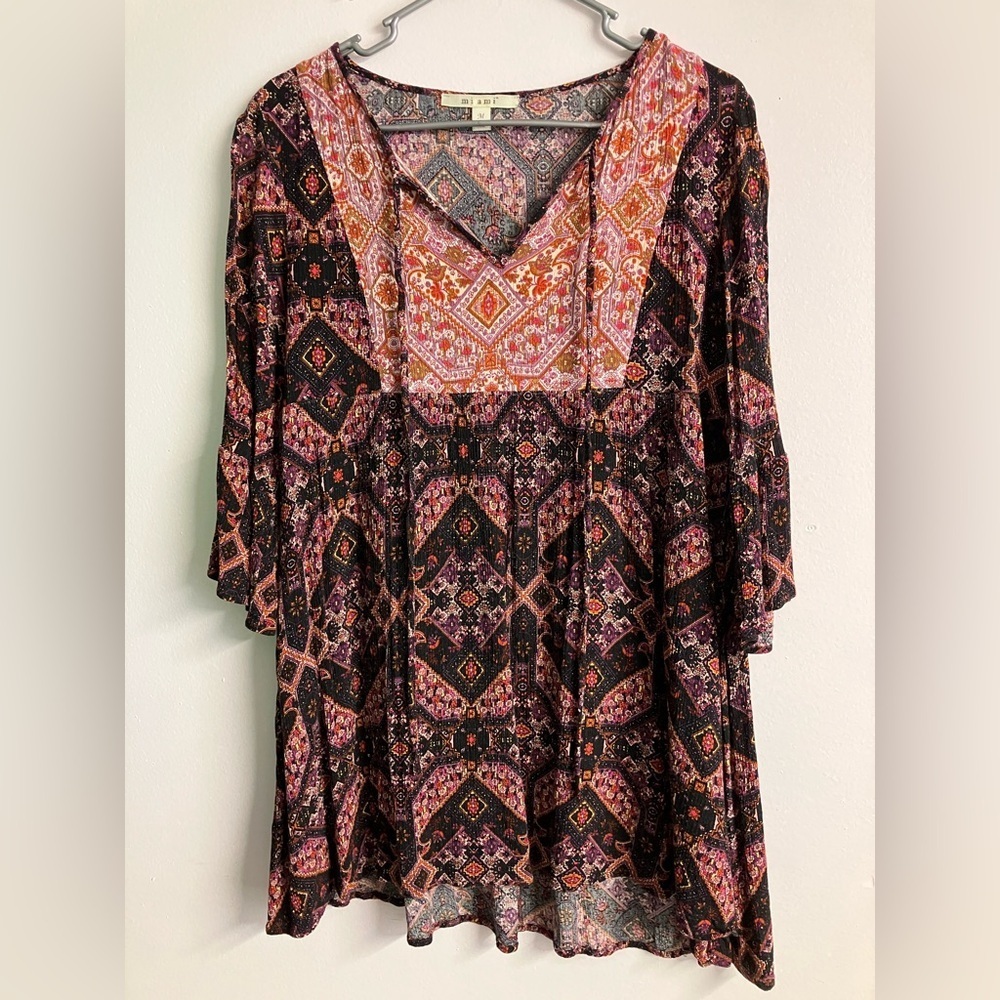 Women’s Blouse Peasant/Cottagecore Medium, Multicolored, V Neck w Tie by Mi Ami